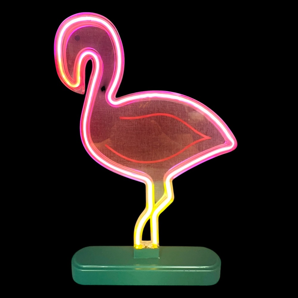 Flamingo LED Neon Sign Tabletop Lamp Stand Pink Yellow Green Battery Operated